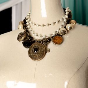 Large Victorian Pearl Necklace Skeleton Key Charm Bronze Locket